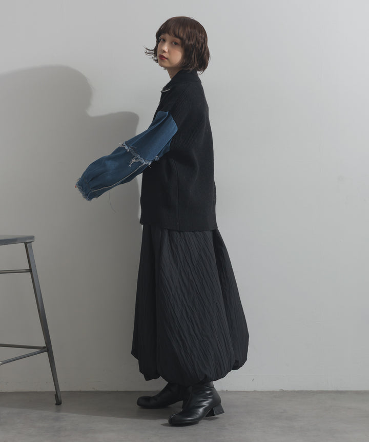 袖デニムジップニット