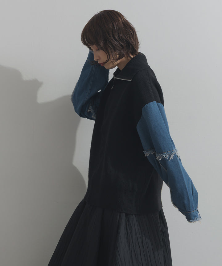 袖デニムジップニット