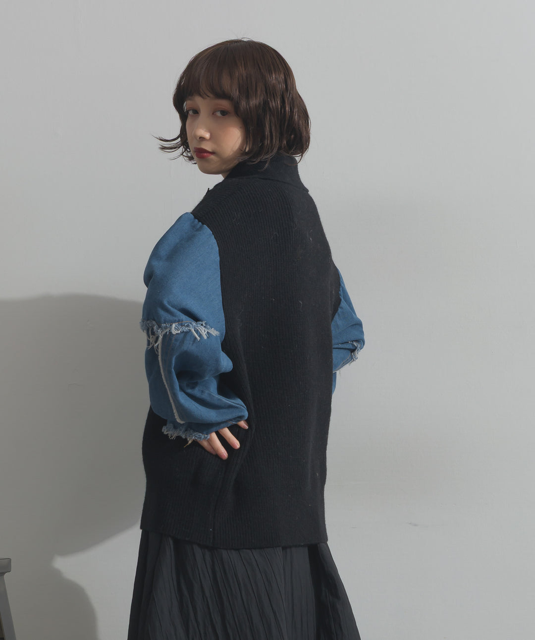 袖デニムジップニット