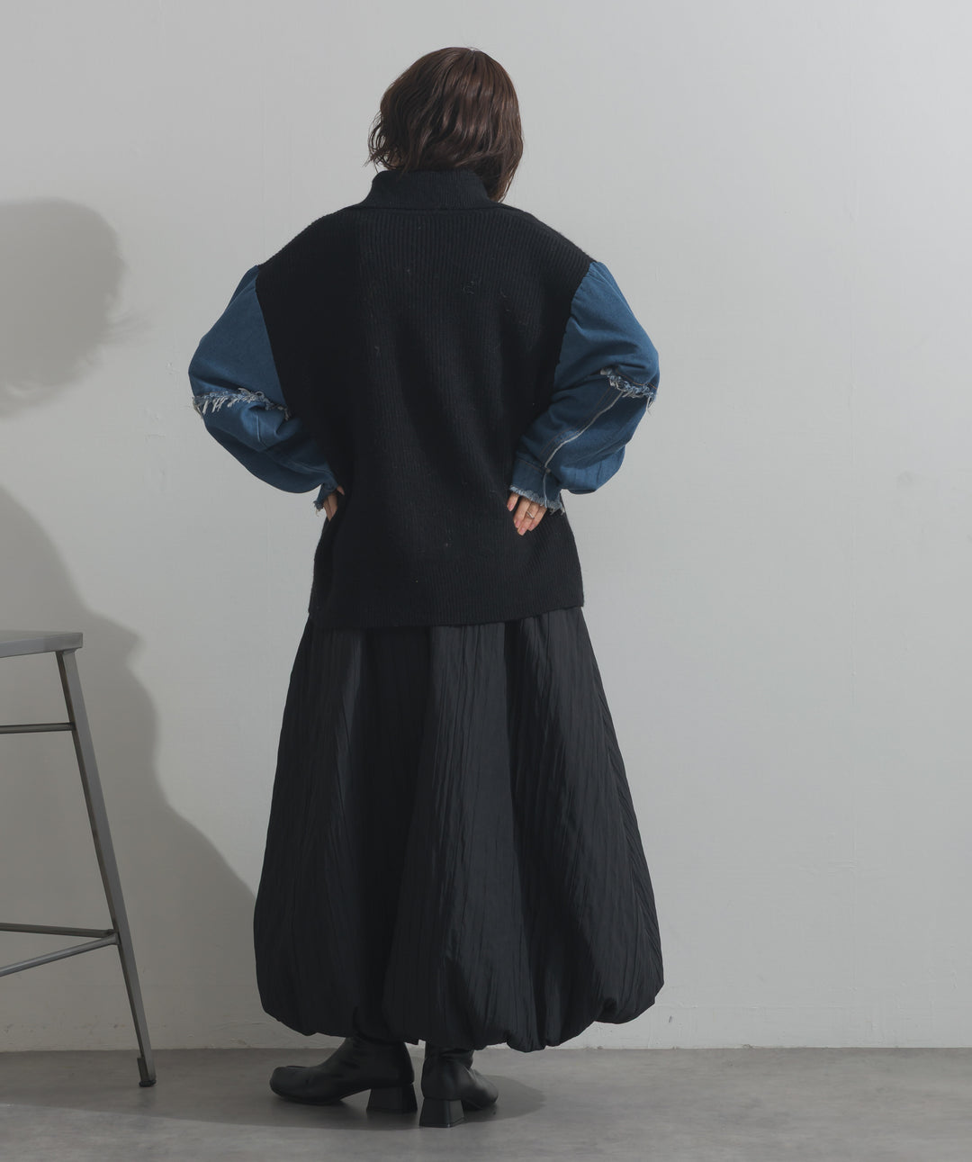 袖デニムジップニット