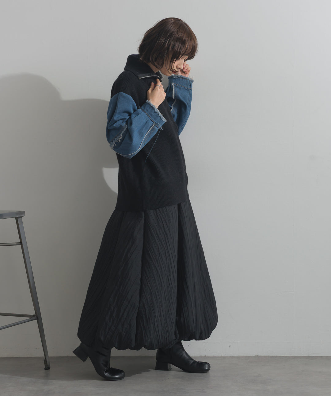 袖デニムジップニット