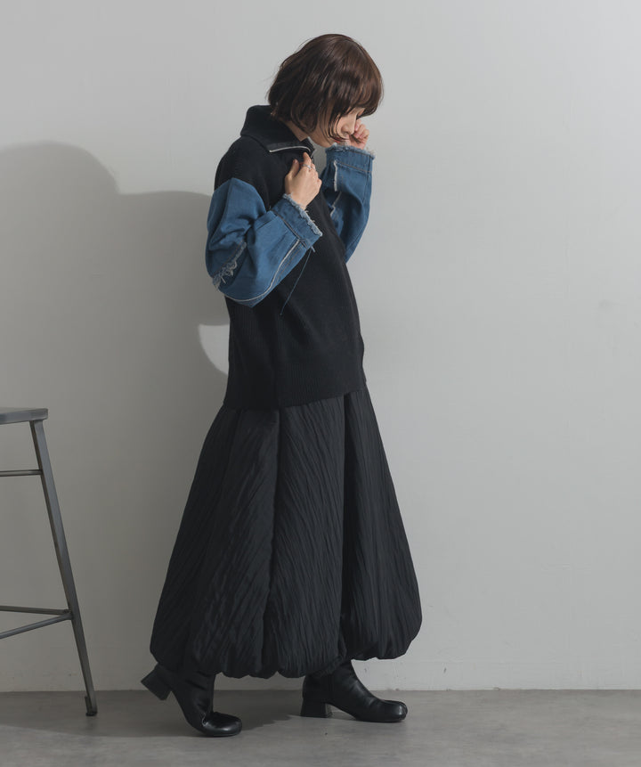 袖デニムジップニット