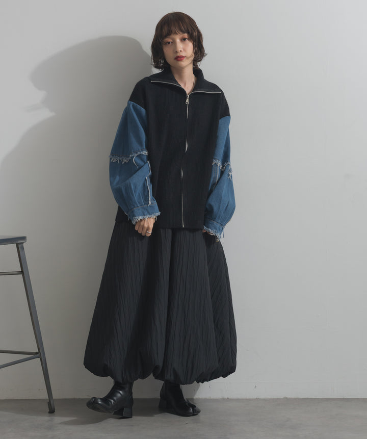 袖デニムジップニット