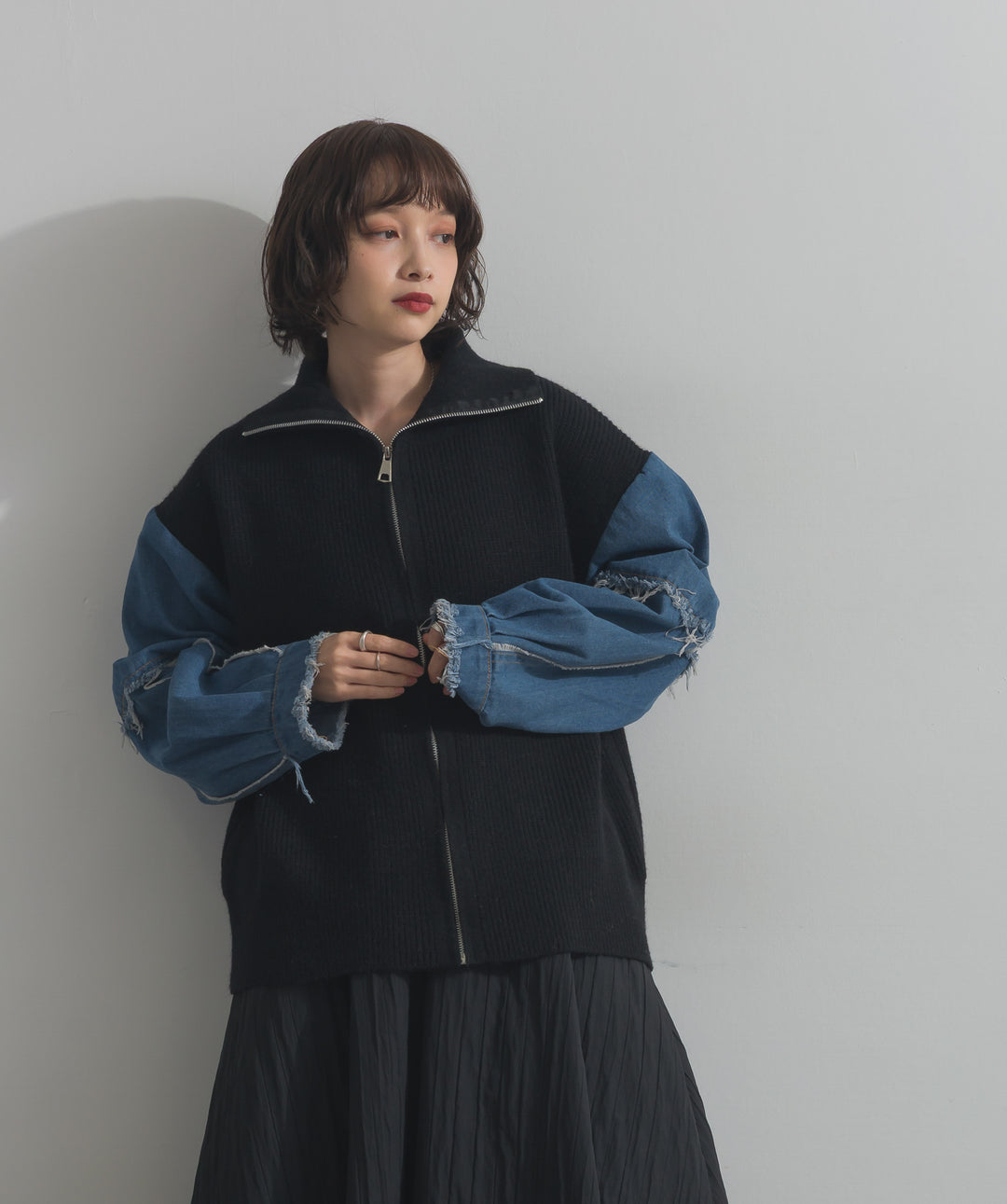 袖デニムジップニット