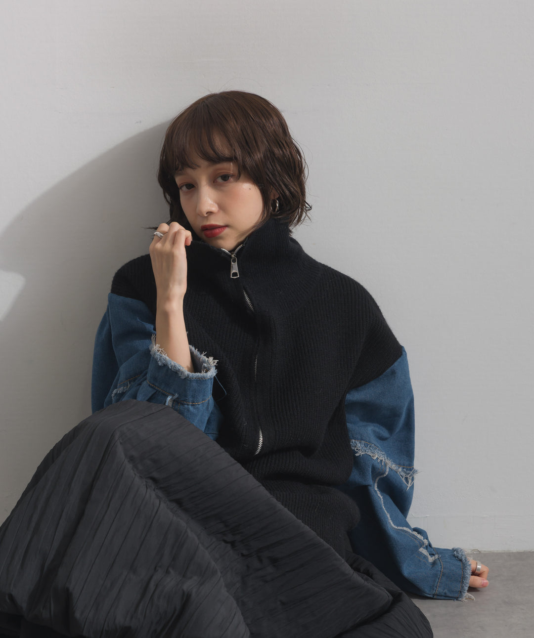 袖デニムジップニット