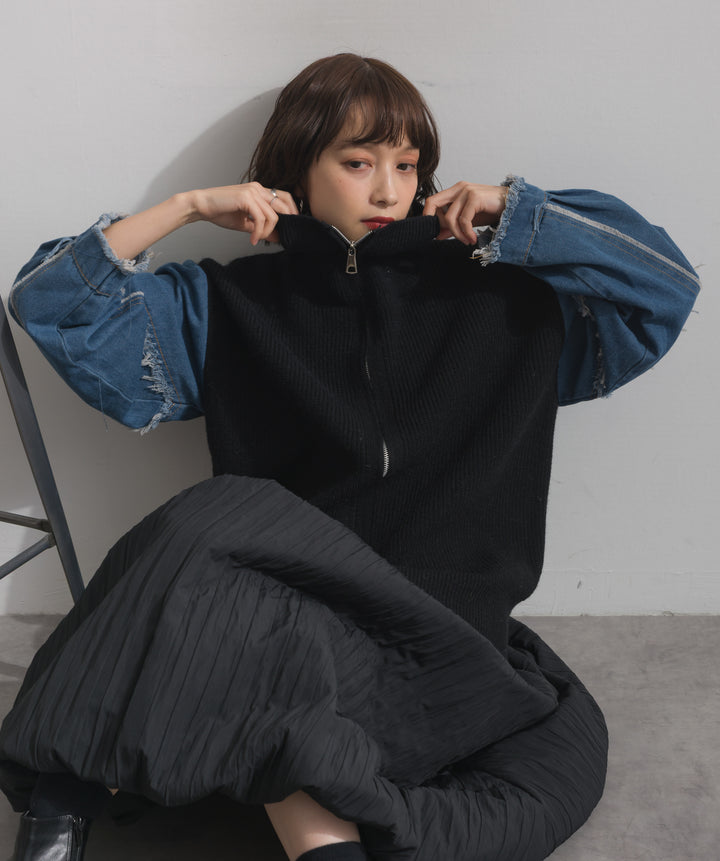 袖デニムジップニット