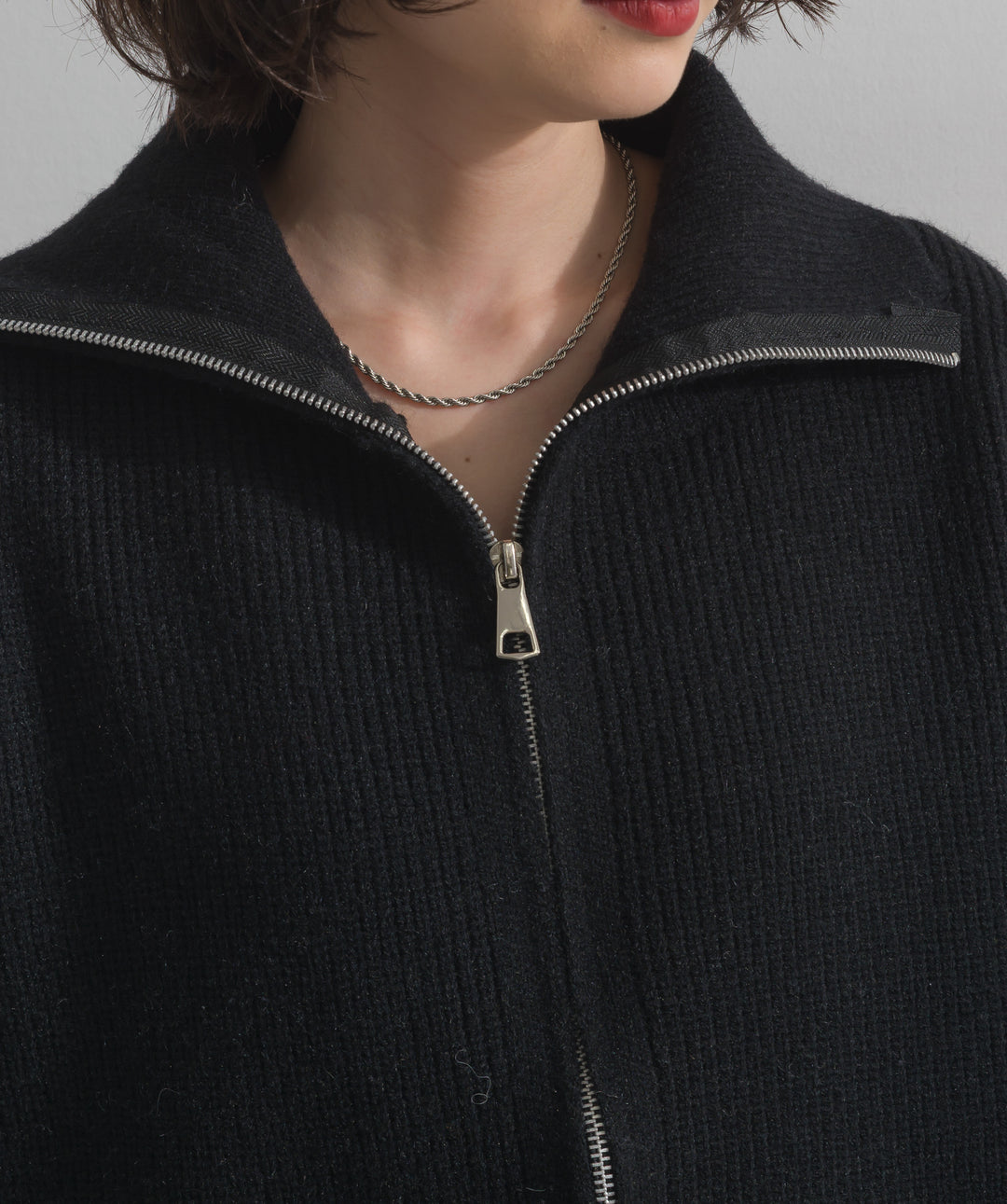 袖デニムジップニット