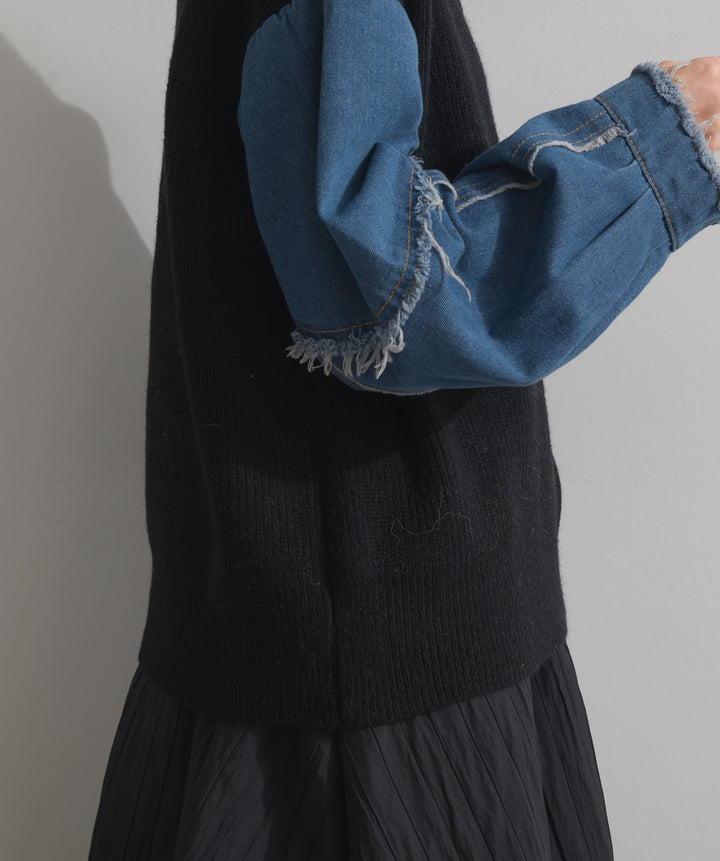 袖デニムジップニット