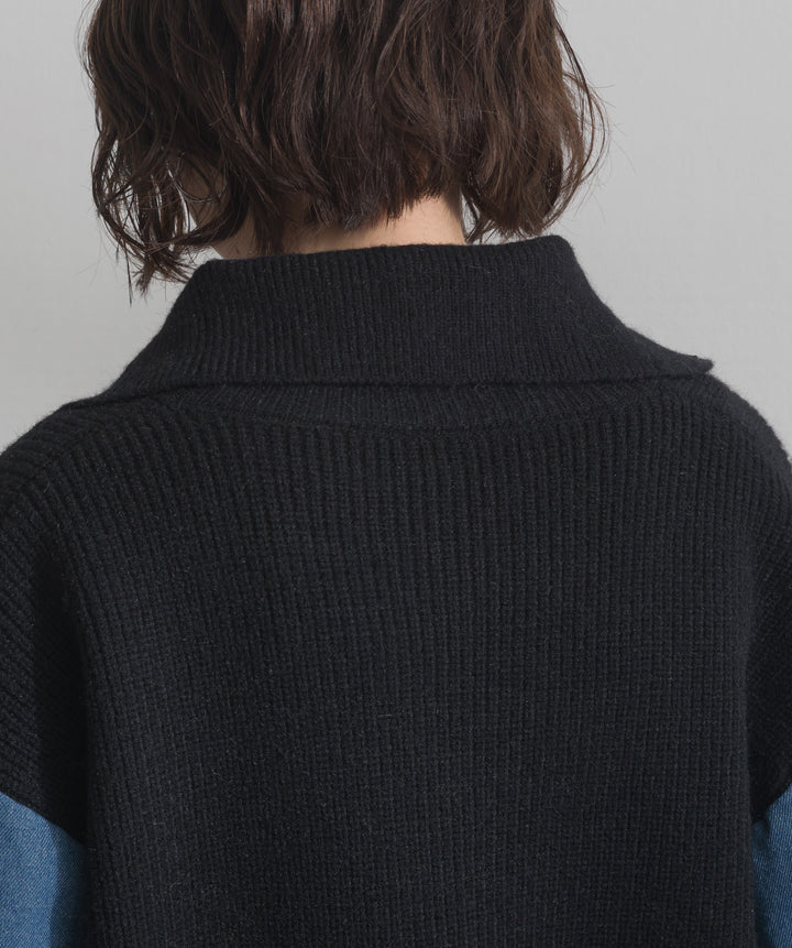 袖デニムジップニット