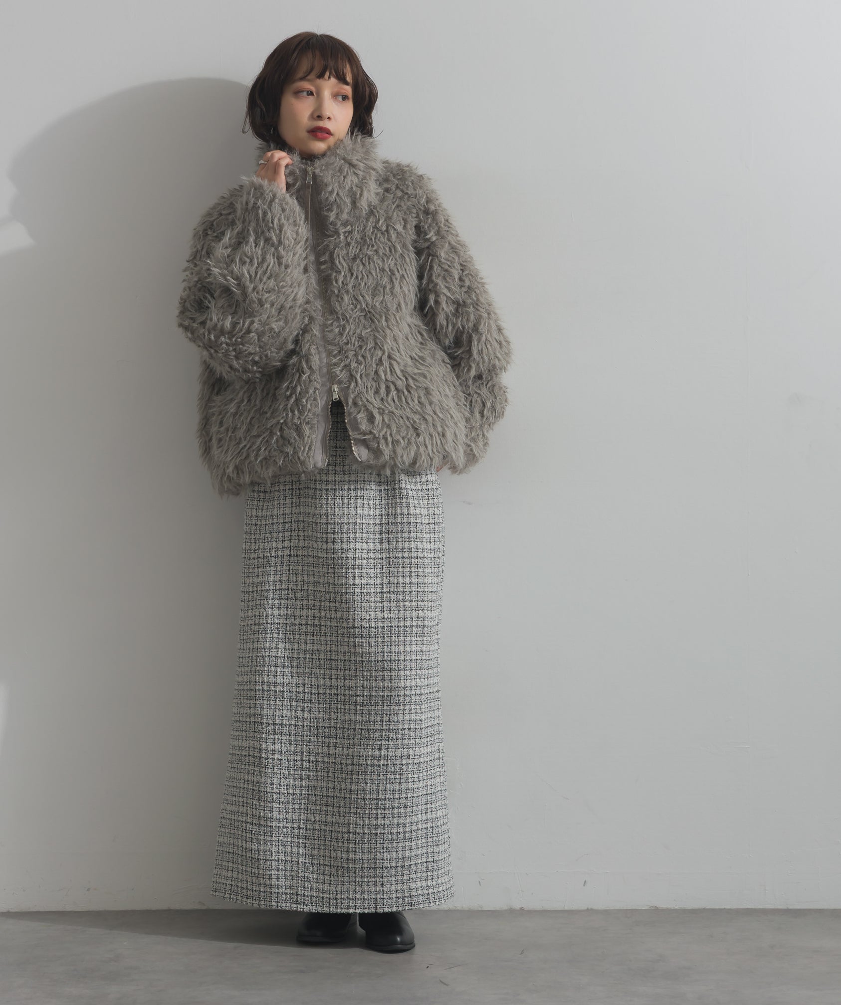 hdn 　ミックスシープファースタンドブルゾン　ダークグレー＆モカ ミックスシープファースタンドブルゾン – OandI