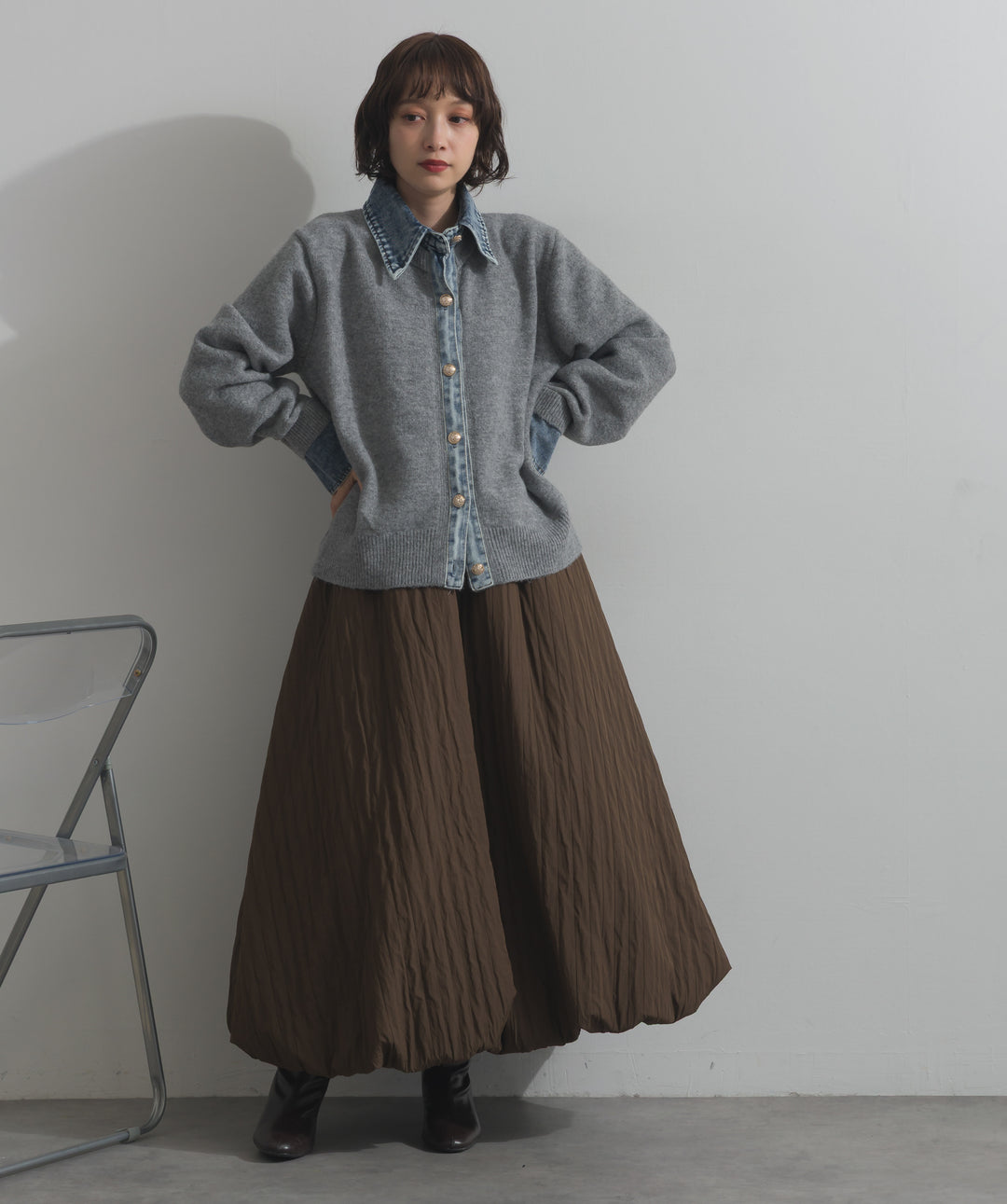 デニム襟レイヤード風ニットトップス