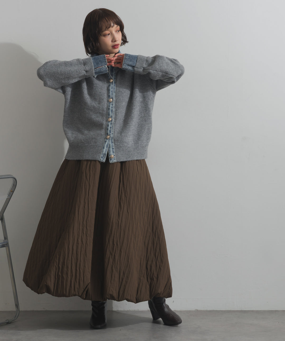 デニム襟レイヤード風ニットトップス