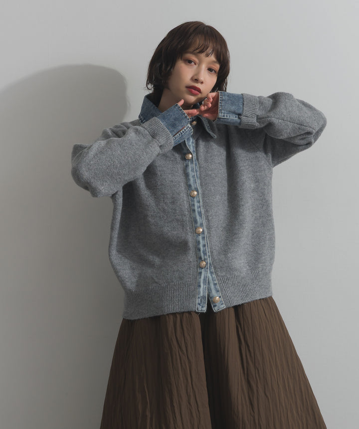 デニム襟レイヤード風ニットトップス