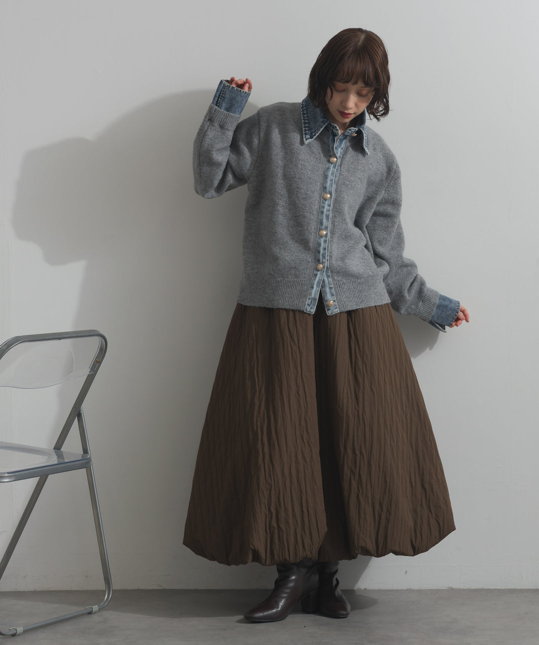 デニム襟レイヤード風ニットトップス