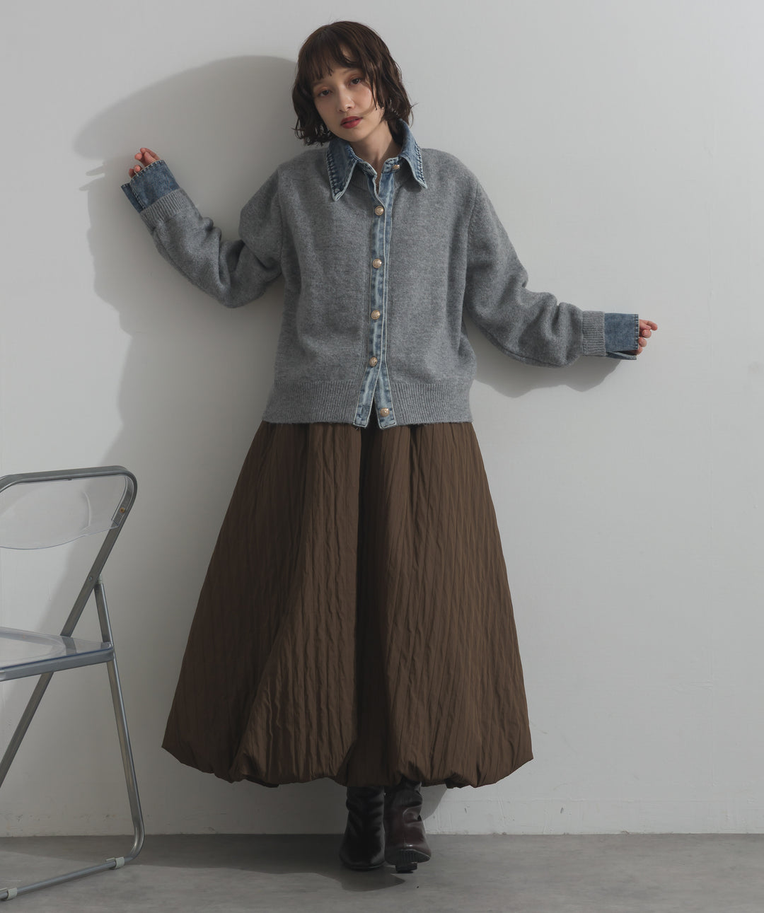 デニム襟レイヤード風ニットトップス