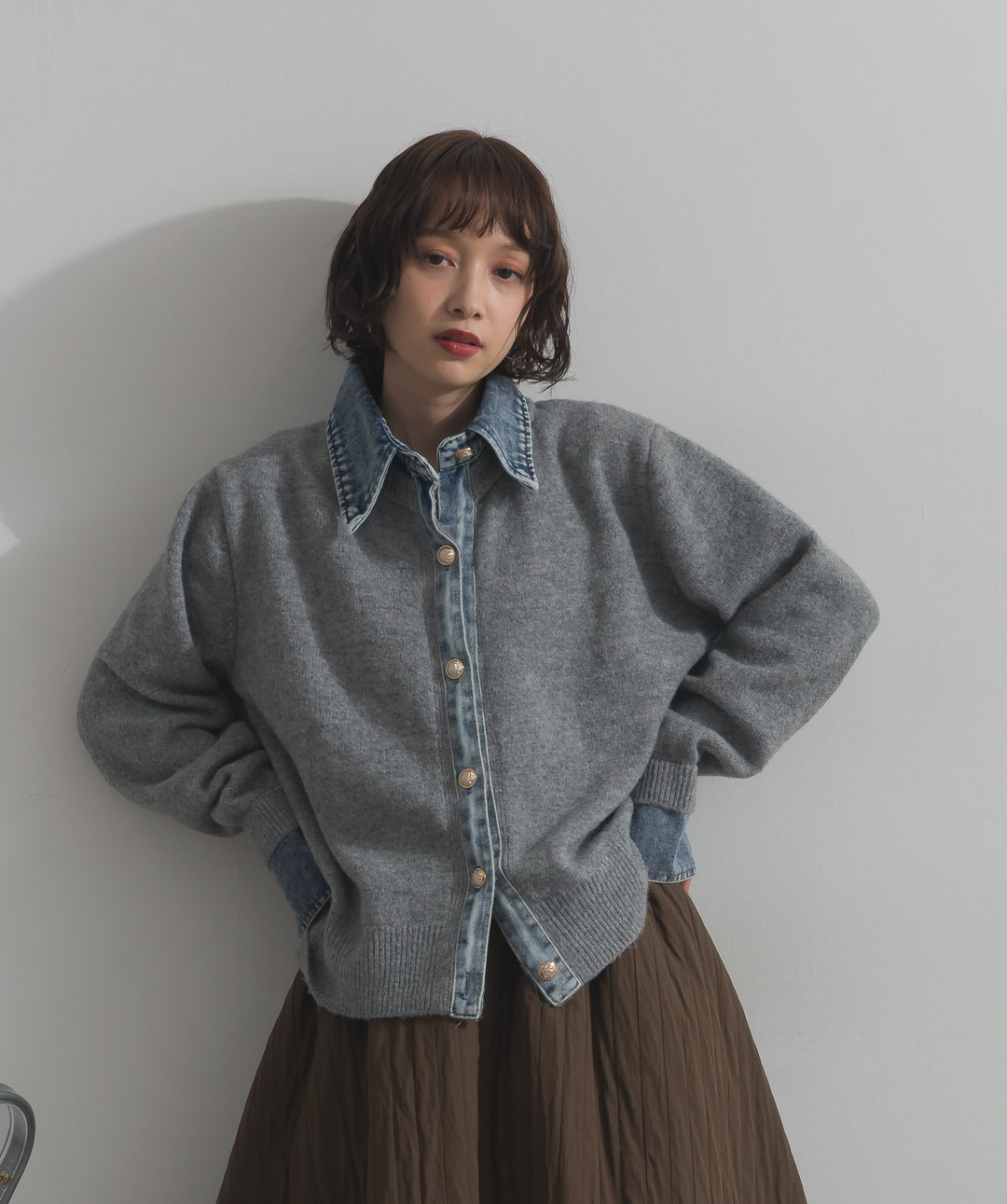 デニム襟レイヤード風ニットトップス