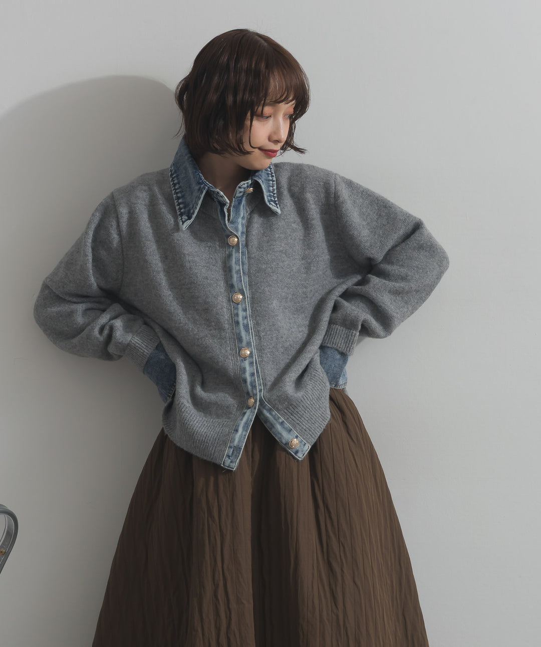 デニム襟レイヤード風ニットトップス