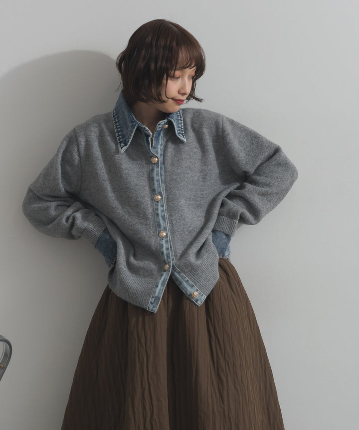 デニム襟レイヤード風ニットトップス