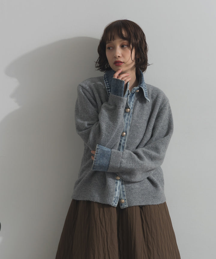 デニム襟レイヤード風ニットトップス