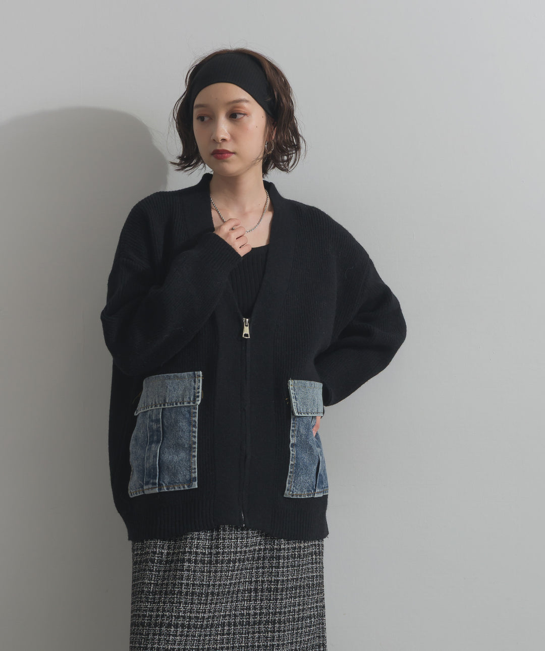 デニムポケットジップニットカーディガン