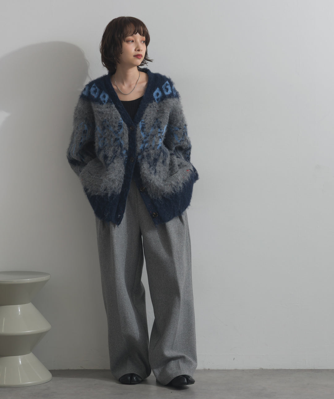 ノルディック柄シャギーニットカーディガン