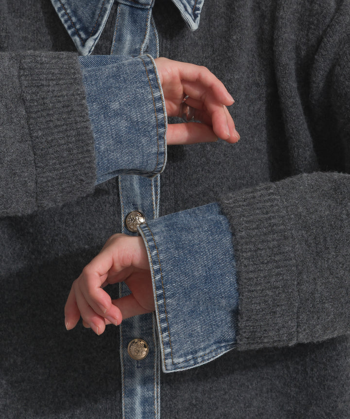 デニム襟レイヤード風ニットトップス