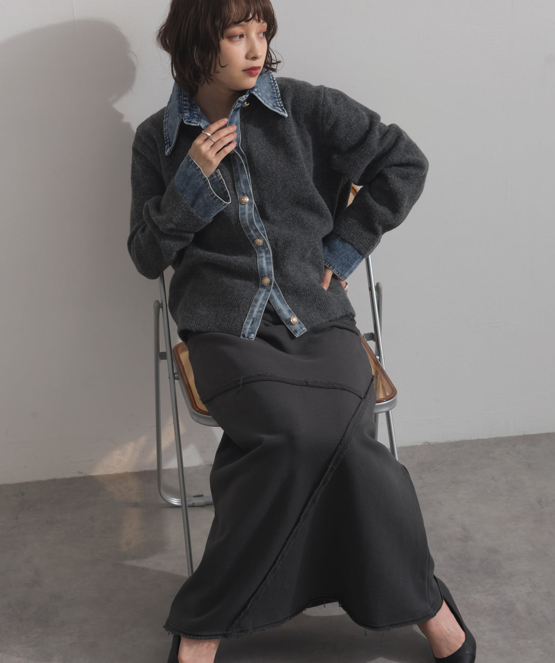 デニム襟レイヤード風ニットトップス