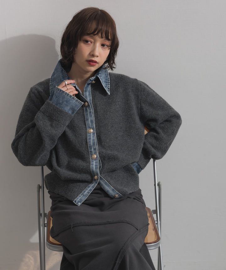 デニム襟レイヤード風ニットトップス