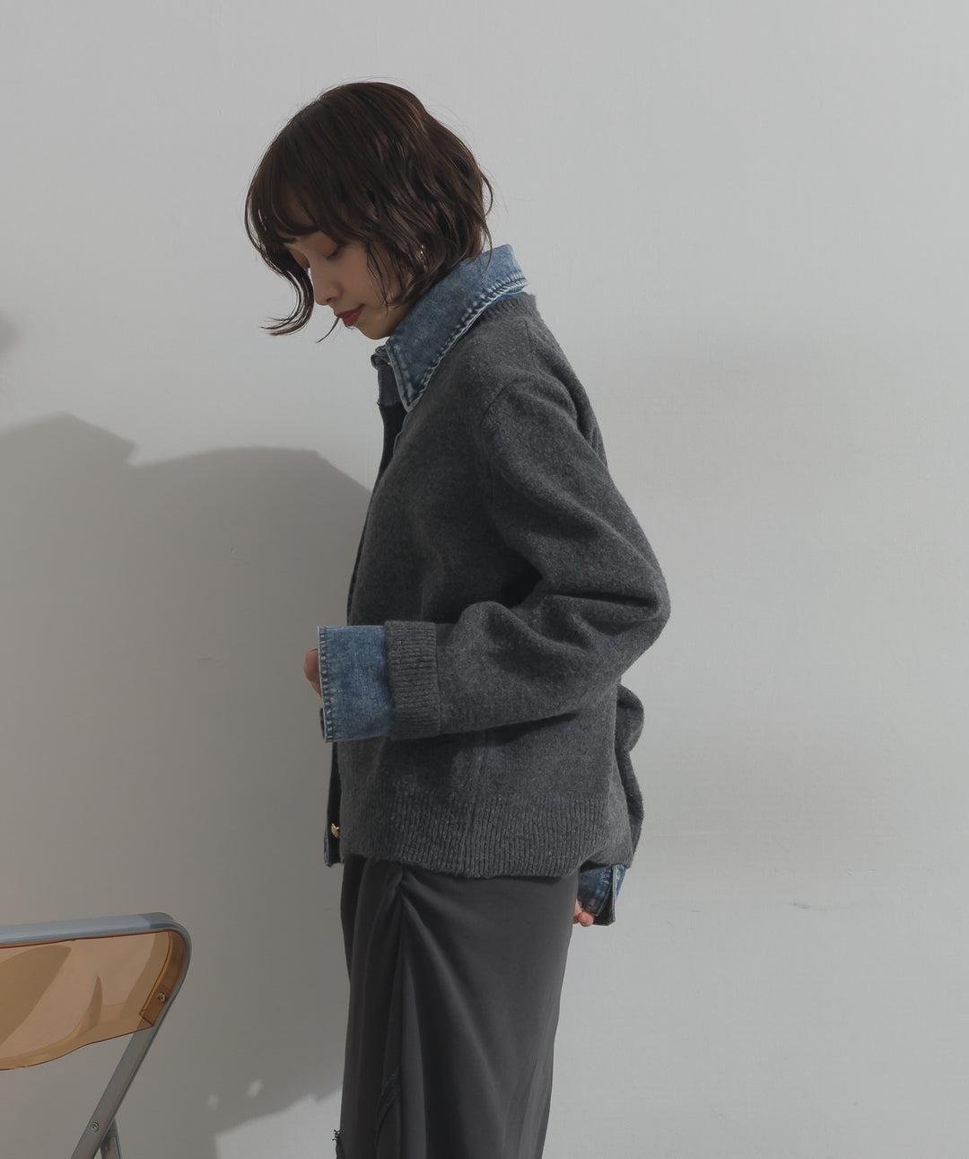 デニム襟レイヤード風ニットトップス