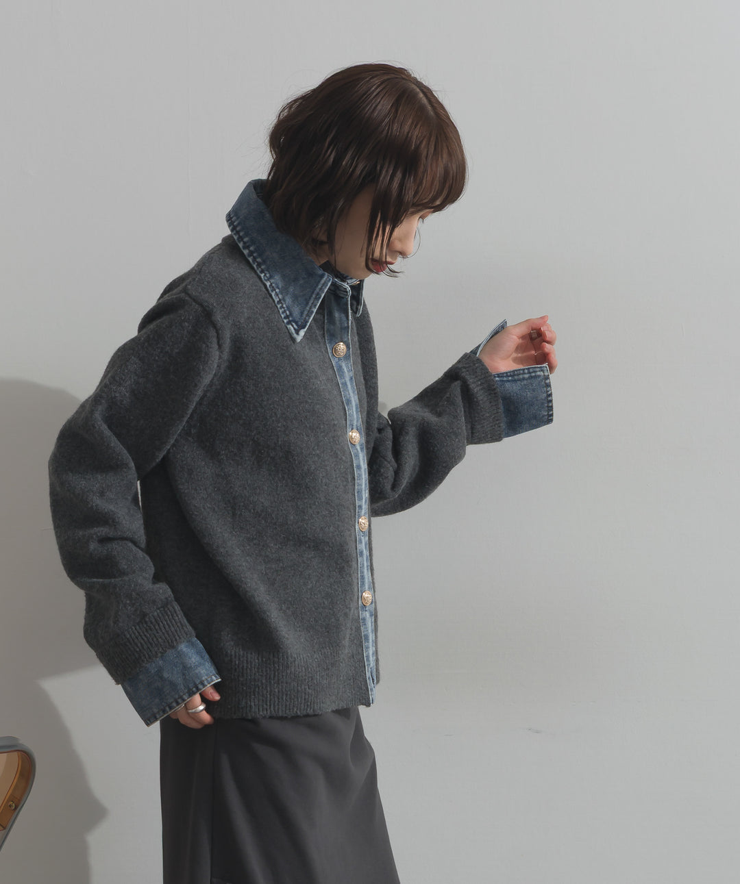 デニム襟レイヤード風ニットトップス