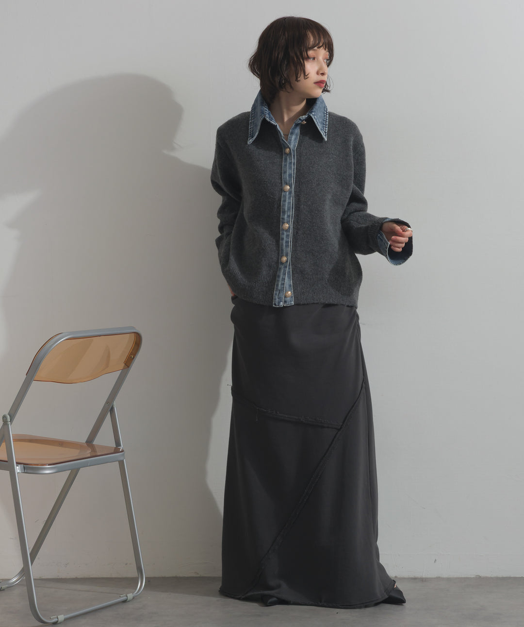 デニム襟レイヤード風ニットトップス