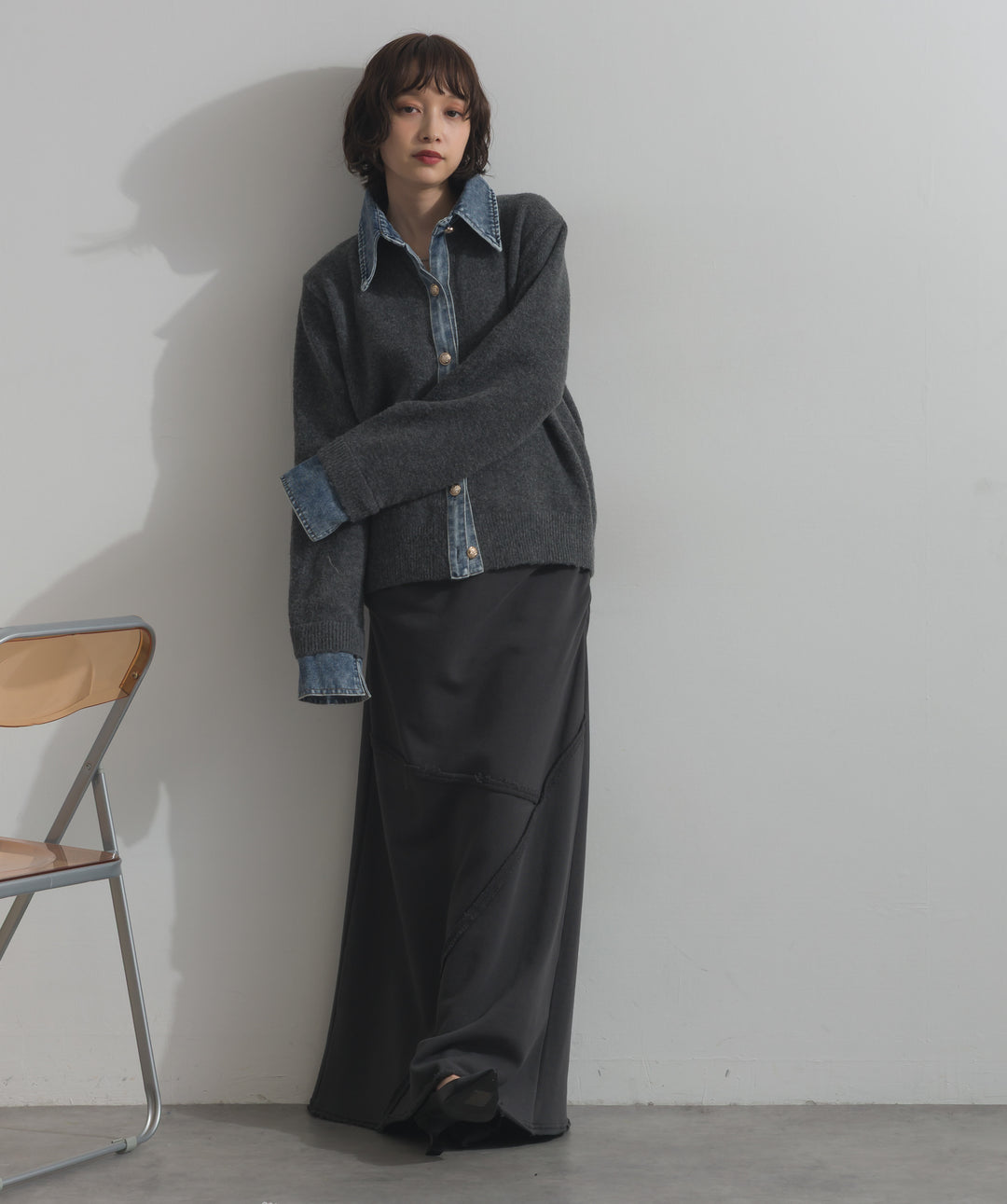 デニム襟レイヤード風ニットトップス