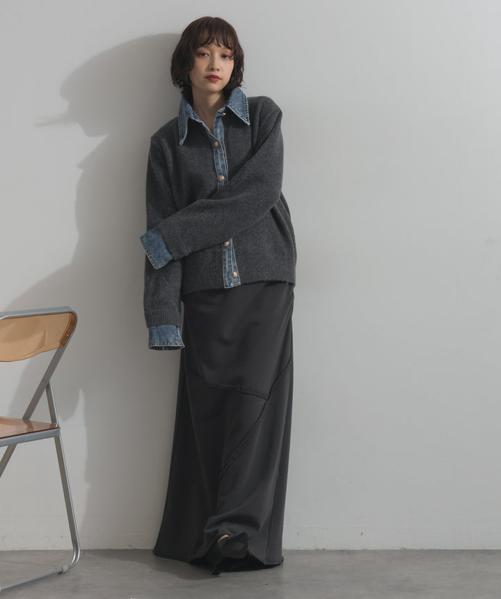 デニム襟レイヤード風ニットトップス