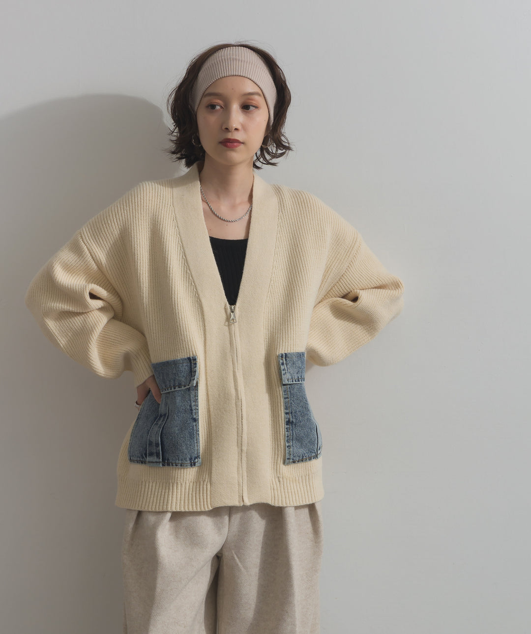 デニムポケットジップニットカーディガン