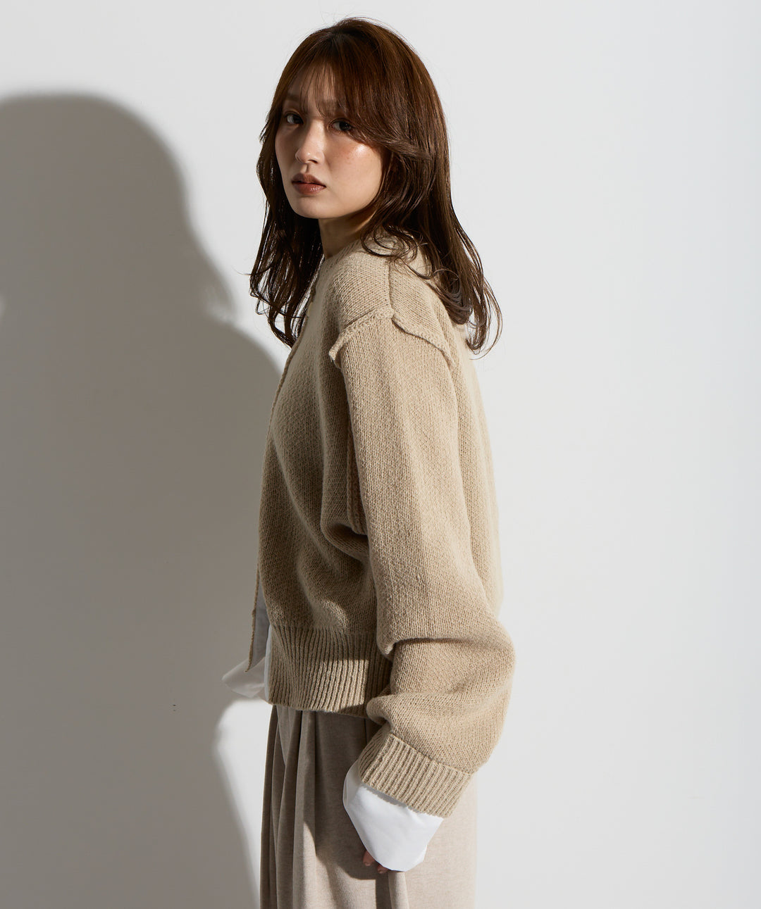 シャツ切替レイヤードニットカーディガン