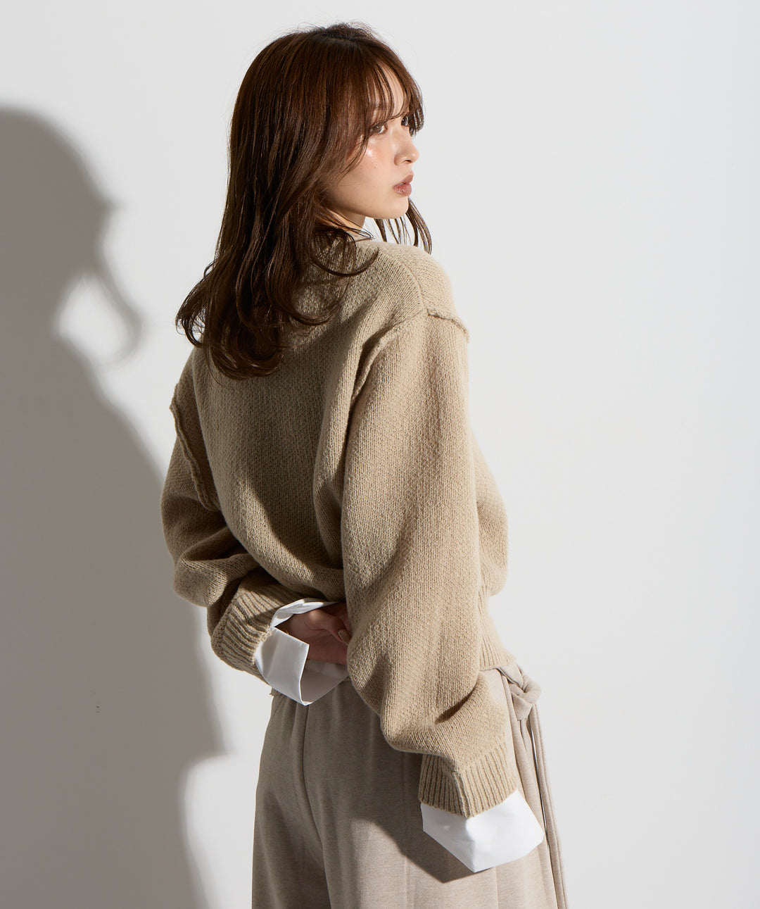 シャツ切替レイヤードニットカーディガン