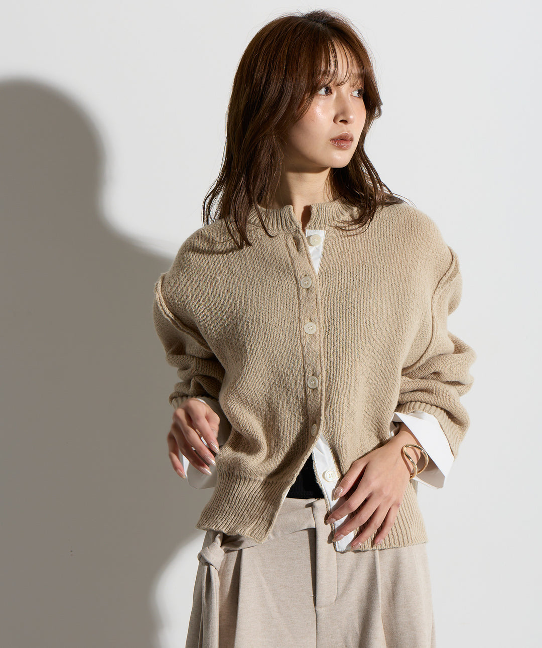 シャツ切替レイヤードニットカーディガン