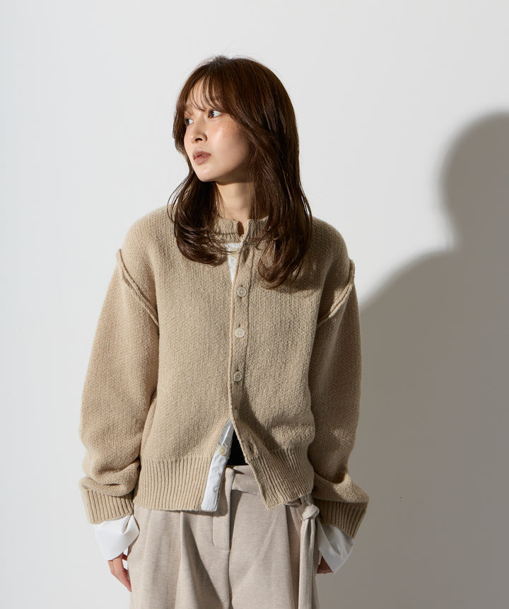 シャツ切替レイヤードニットカーディガン