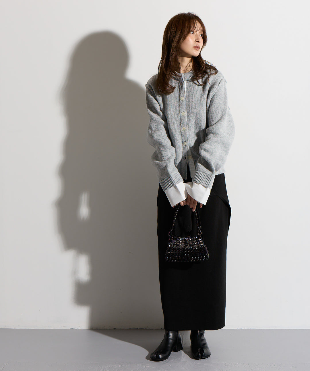 シャツ切替レイヤードニットカーディガン