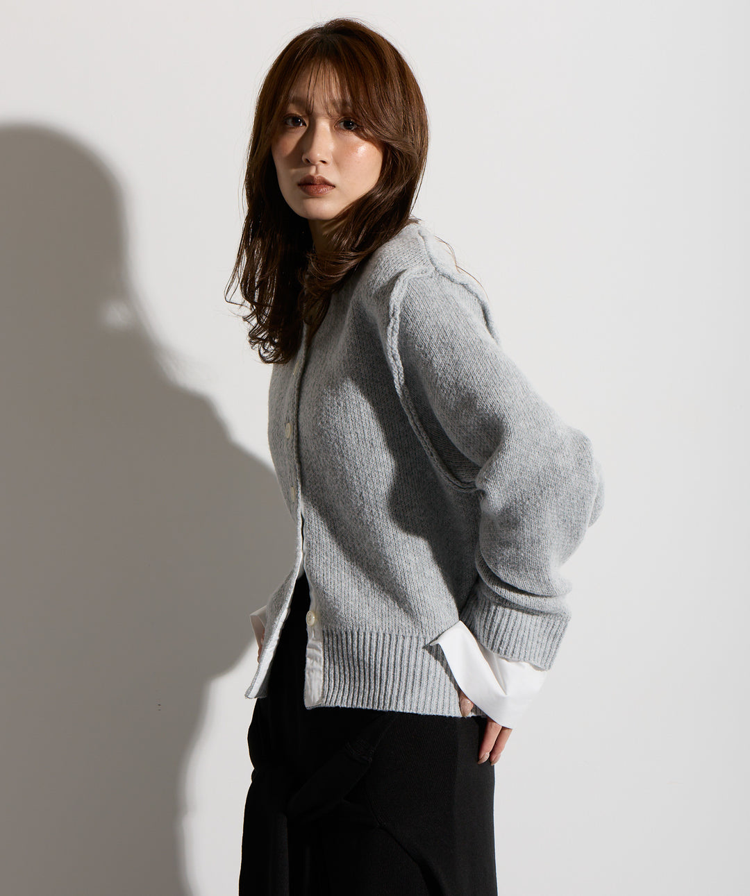 シャツ切替レイヤードニットカーディガン