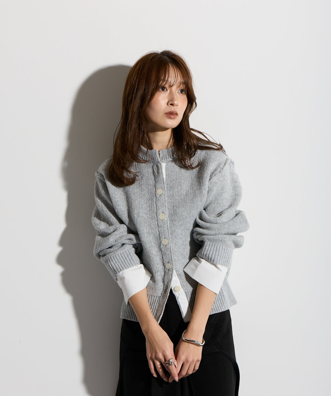 シャツ切替レイヤードニットカーディガン