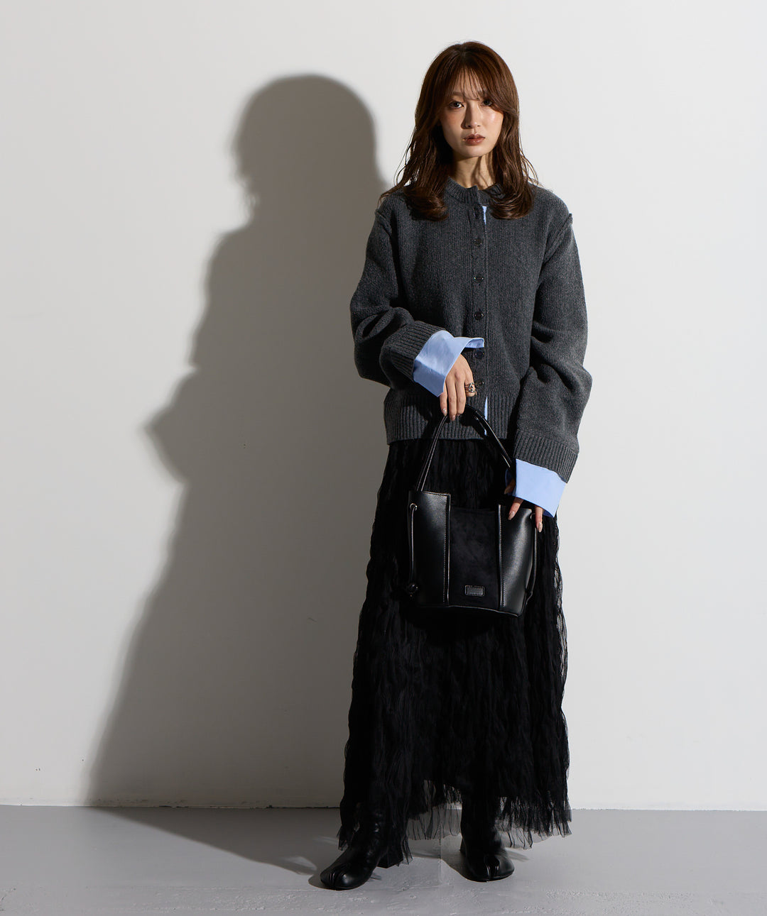 シャツ切替レイヤードニットカーディガン