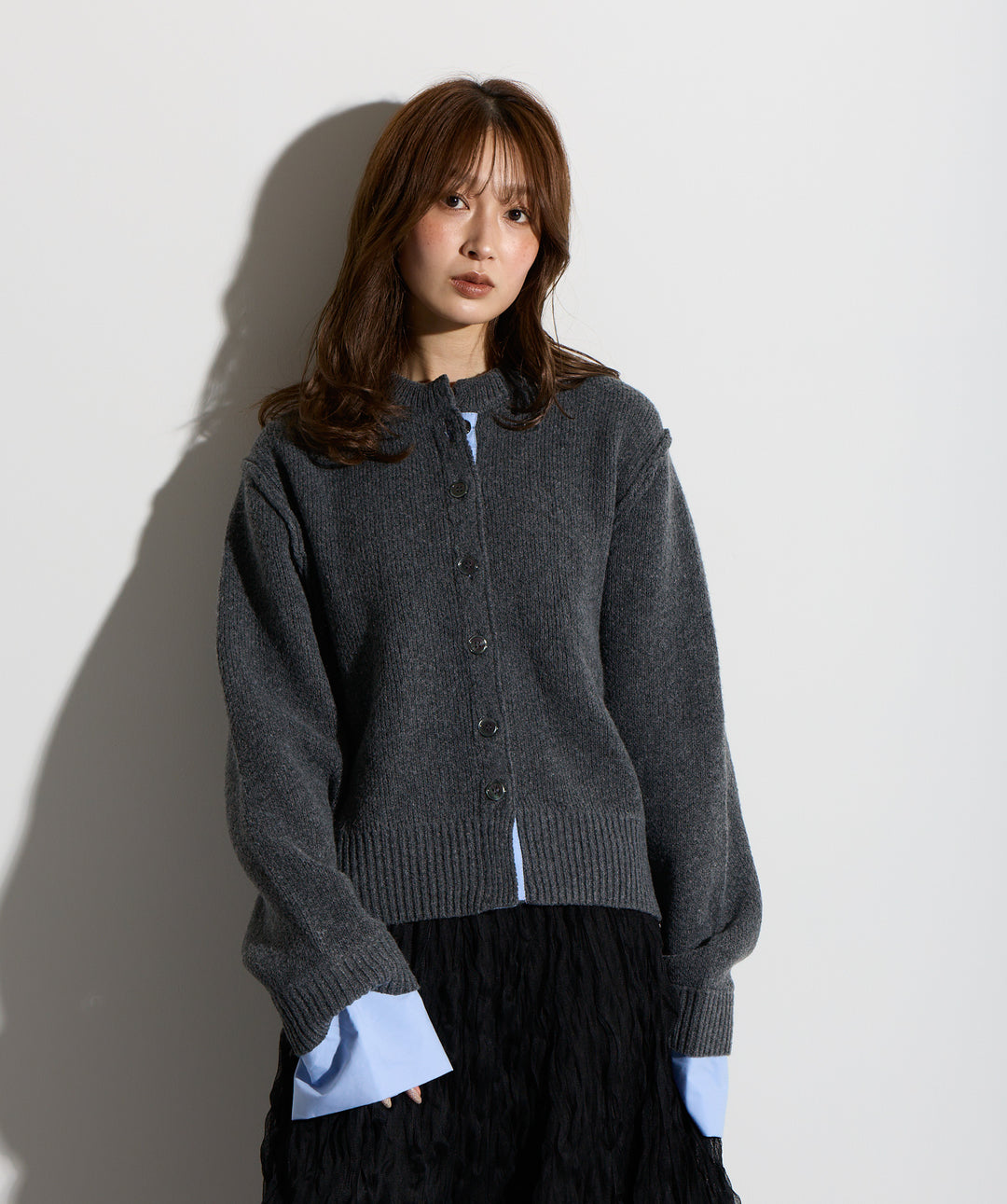 シャツ切替レイヤードニットカーディガン
