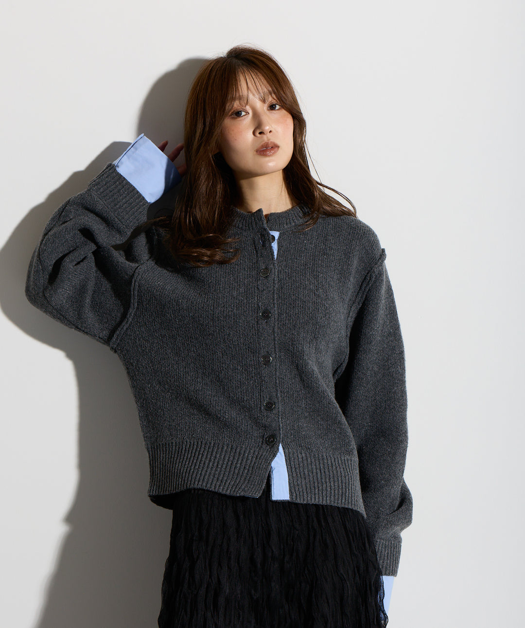 シャツ切替レイヤードニットカーディガン