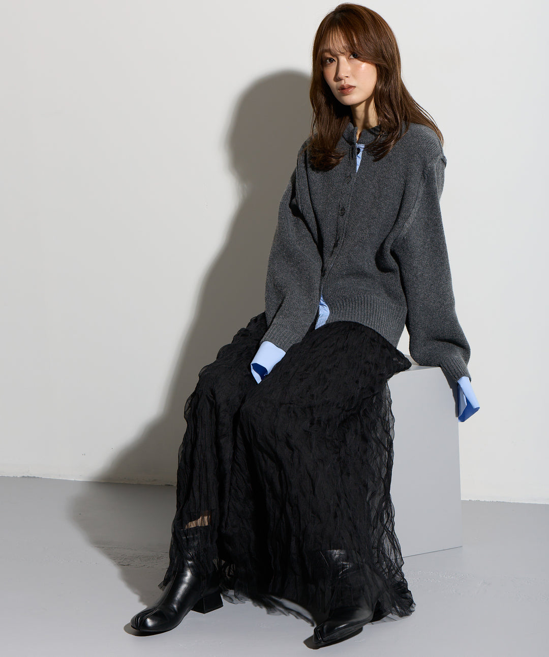 シャツ切替レイヤードニットカーディガン