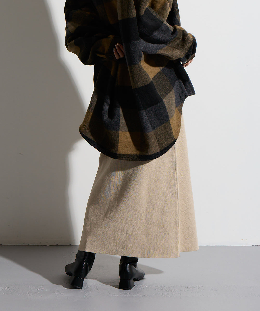 【SET】マルチチェックミドルコート＋ウエストニットコンビスカート