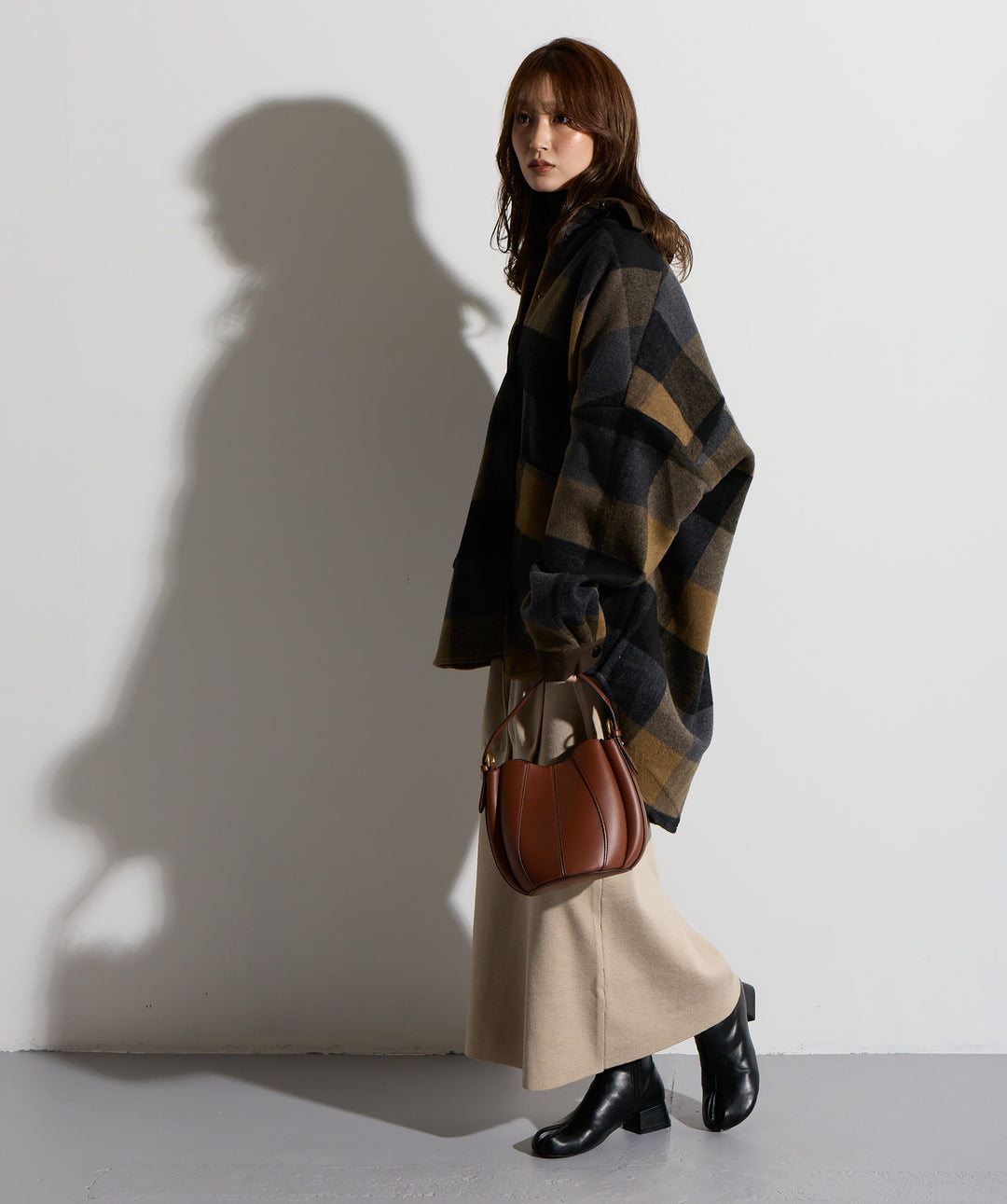 【SET】マルチチェックミドルコート＋ウエストニットコンビスカート