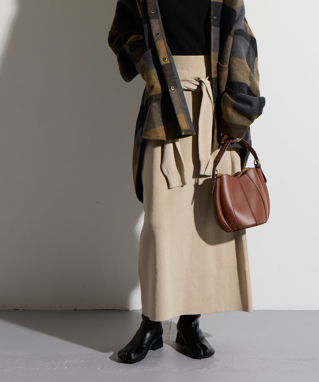 【SET】マルチチェックミドルコート＋ウエストニットコンビスカート