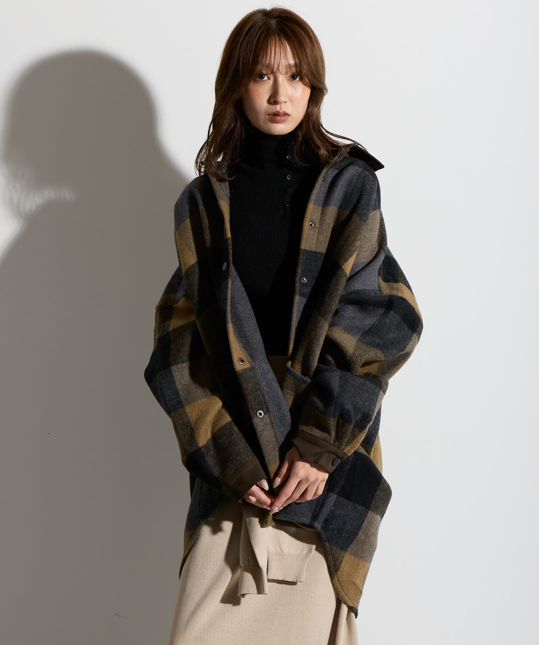 【SET】マルチチェックミドルコート＋ウエストニットコンビスカート