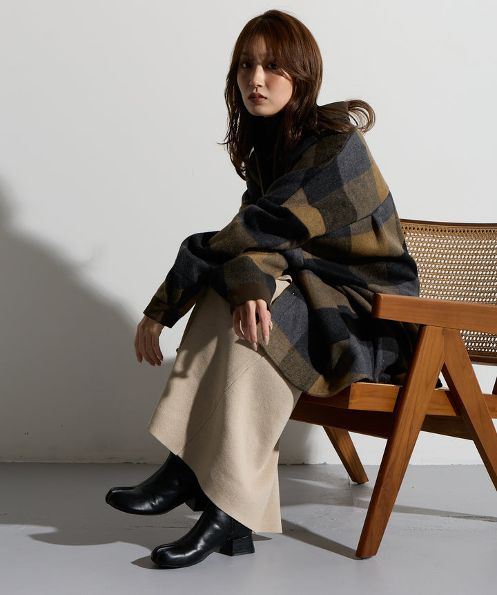 【SET】マルチチェックミドルコート＋ウエストニットコンビスカート